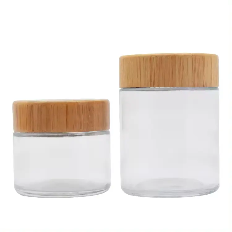Mini recipiente de vidro transparente para cuidados com a pele, resistente a crianças, hermético e à prova de cheiro, com tampa de bambu