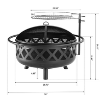 Brasero d'extérieur rond en fer avec grille de cuisson réglable à motif losanges et écran anti-étincelles en maille