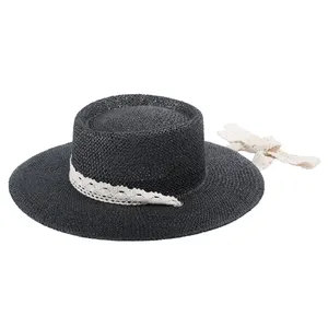 Venta al por mayor de alta calidad Bolero Gamble playa sombrero de ala grande de verano señoras de lujo negro mujeres sombrero de paja con correa de encaje
