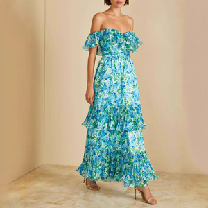 Vestido Largo de Noche de Gasa con Estampado Floral, Hombros Descubiertos, Cintura Imperio, Cierre Frontal, Estilo Transpirable - Product Image 3