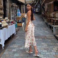 Robe longue en satin à fleurs romantiques à la française pour femmes, avec dentelle sur la poitrine, patchwork, bretelles spaghetti, robe longue pour les vacances