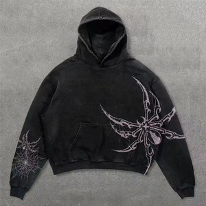 Felpa con Cappuccio con Grafica Punk di Ragno e Farfalla, Pullover Oversize Nero Effetto Lavato Retrò Unisex, Felpa Streetwear Grunge - Product Image 3