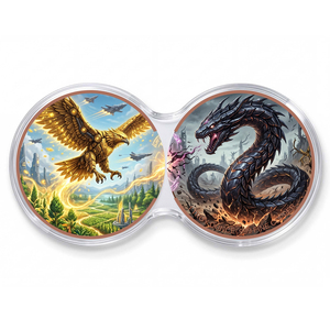 2 piezas de 1 oz, monedas de batalla de cobre puro .999 con impresión UV moderna, estilo antiguos de ciencia ficción, diseño de Águila Mecánica Dorada vs Serpiente de Lava Oscura, set coleccionable - Product Image 1