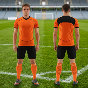 Maillot de football personnalisé par sublimation, col en V, manches courtes, orange et noir, anti-transpiration, pour homme adulte, kit d'équipe - Product Image 3