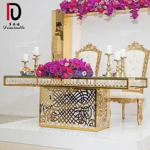 Glass Table Mirror Glass Top Rectangle Shape Carved Design Golden Base Dining Luxury Table