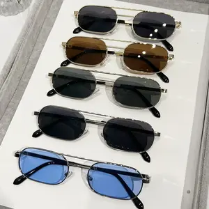 Fashion Trend Small Square Modern Men Oval Sunglasses Narrow Frame 2024 Punk Double Bridge Metal Sunglasses