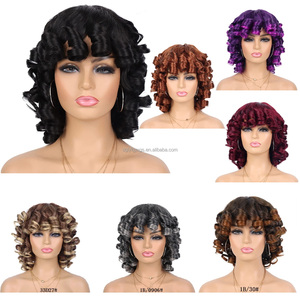14 ''Tự Nhiên Kinky Curl Cho Ombre Tóc Giả Với Ren Trong Suốt Glueless Đen <span class=keywords><strong>Bangs</strong></span> Cho Phụ Nữ Vai Chiều Dài Tổng Hợp Tóc - Product Image 2