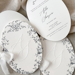 Carte d'invitation de mariage ovale de luxe, gaufrée à sec, monogramme personnalisé, impression sur papier épais, élégante et minimaliste - Product Image 5