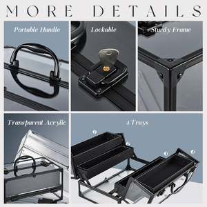 Clear Acrylic <b>Makeup</b> Train Case Aluminum Frame Portable Artist Cosmetic Storage <b>Box</b> with Foldable Trays Travel Nail Organizer - Product Image 4