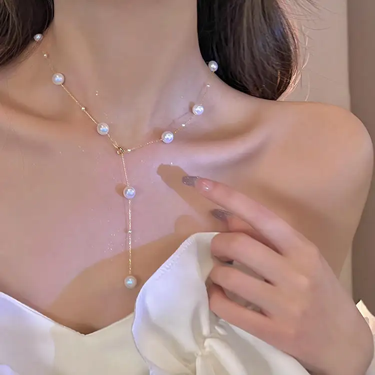 Đồ trang sức thời trang mạ vàng 925 Sterling Bạc 18 + 2 inch Y chuỗi lariat Vòng cổ ngọc trai