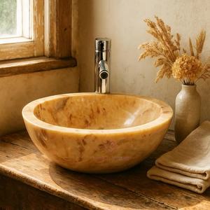 Ronde Gouden Honing Marmeren Vat Gootsteen Handgesneden Natuursteen Badkamer Ijdelheid Kom High-End Luxe - Product Image 1