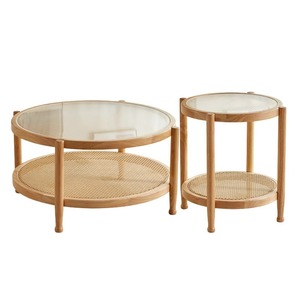 Wabi Sabi Style Japanese Solid Wood Rattan Coffee <b>Table</b> <b>Round</b> Nesting Living Room Sofa <b>Side</b> <b>Table</b> Natural Wood Color - Product Image 4