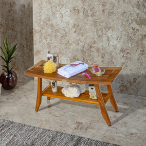 Banc de douche moderne en teck naturel pour salles de bain - Robuste, durable, écologique avec assise lisse et rangement inférieur - Product Image 1