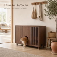 Meuble intelligent pour animaux de compagnie couleur noyer, maison en bois pour chat avec lit, bac à litière et rangement, contrôle via application OTA
