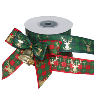 Ruban en polyester à carreaux de Noël en gros-grain avec motif tête de cerf et estampage à chaud doré, pour nœuds cadeaux DIY et emballage de sapins de Noël - Product Image 5