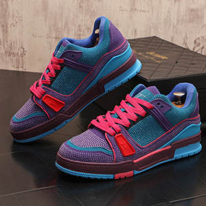 2026 New Designer Inspired Hot Pink Rhinestone Skate Sneakers, men's Luxury Brown Color <b>Block</b> Lace Up Street Casual Shoes - Product Image 2