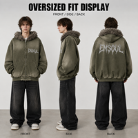 OEM Vintage Monkey Blouson d'hiver zippé pour homme, effet délavé, avec fausse fourrure amovible, grammage lourd, imprimé lettres, coupe oversize, style streetwear