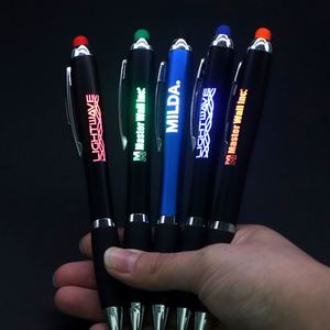 Nouveau stylet tactile en plastique premium avec lumière LED, logo personnalisé, impression UV, multifonction, cadeau d'entreprise original orange - Product Image 1
