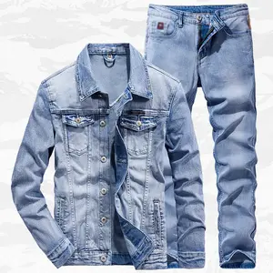 Setelan Denim biru muda untuk pria, jaket Denim ramping elastis dua potong musim semi dan musim gugur kualitas tinggi, jaket tren kualitas tinggi untuk pria