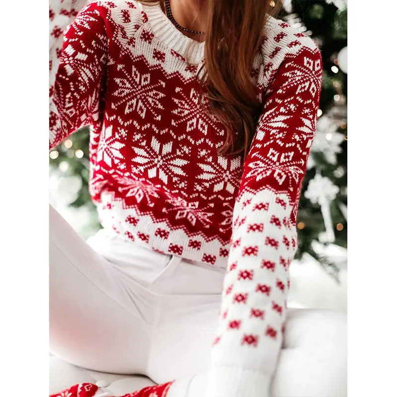 Pullover Crew Neck Snowflake Geometric Pattern Computer Knitted Red Christmas Sweater for Women