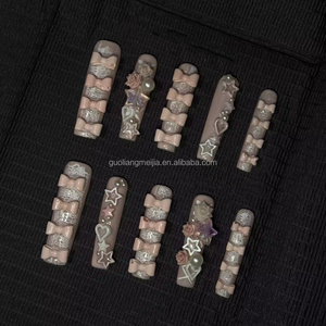 Ongles longs carrés vintage <span class=keywords><strong>marron</strong></span> ombré à pression, style punk, cloutés, en acrylique pour femmes - Product Image 4