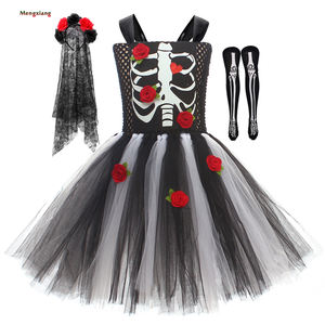 Costume de mariée fantôme crâne effrayant pour filles, robe de sorcière d'<span class=keywords><strong>horreur</strong></span> d'Halloween, robe de carnaval noire et rouge, déguisement avec voile et chaussettes - Product Image 1