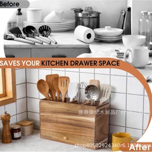Vorisebo Wooden <b>Kitchen</b> Utensil Rack With Drawer Multifunctional <b>Storage</b> <b>Box</b> For Cooking Tools - Product Image 5