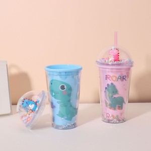 450ml Four Color Option ROAR Dinosaur Printed Double Wall <b>Plastic</b> <b>Straw</b> Tumbler with Dome Lid Pastel Foam Bead Decor Ideal - Product Image 1
