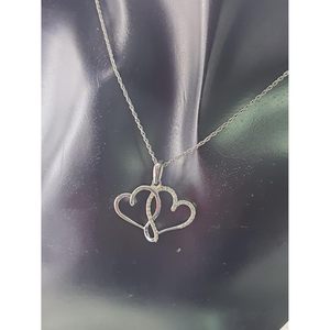 Jewelspaark Double Heart Pendant Necklace 0.19 Cttw Diamond Rhodium Plated 925 Sterling Silver Trendy Women's Engagement Jewelry - Product Image 3