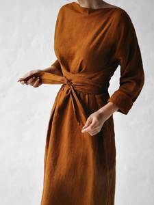 Nouvelle robe longue en coton et lin à manches longues et col unique avec laçage, collection 2025 – Offre Spéciale - Product Image 1