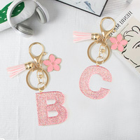 Porte-clés en résine scintillante en forme de lettre J, style coréen, DIY, rose, 26 lettres de l'alphabet anglais, avec pendentif fleur et pompon, pour femmes
