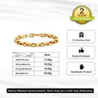 Bracelet chaîne rectangulaire poli parfait de 6 mm en acier inoxydable 316 plaqué or, bracelet unisexe