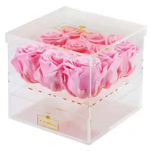 定制高级方形透明丙烯酸玫瑰花盒，带抽屉