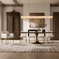 Table à manger contemporaine en bois massif foncé avec chaises en tissu rembourré, idéale pour les salles à manger de villas de luxe et d'hôtels