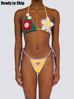 Expédition immédiate : Bikini femme 2 pièces en coton 100% fait main au crochet, motif marguerite ajourée, style brésilien, sans couture, extensible, avec soutien-gorge triangle à décolleté plongeant en V