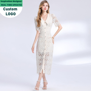 Robes décontractées élégantes pour femmes, style français, à manches courtes, en dentelle, col à revers, coupe ajustée - Product Image 4