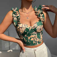 Haut court bustier à volants pour femme, imprimé floral vintage, dos lacé, style corset ajusté Y2K, idéal pour les sorties et les boîtes de nuit