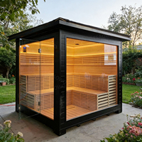 Sauna de exterior de gran tamaño con estructura de madera de hemlock, ventana de vidrio con marco negro, estufa Harvia, área de asientos en el alero y banco escalonado.