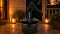 Fontaine de jardin à bassin unique avec bec verseur décoratif à pompe manuelle, bol en imitation bois, décoration aquatique pour patio extérieur et jardin