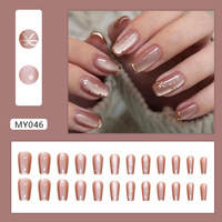 24 pièces de faux ongles en ABS, couvrance totale, forme cercueil longue, réutilisables, pré-dessinés, style French Bow, motif Chasing Cat Eyes