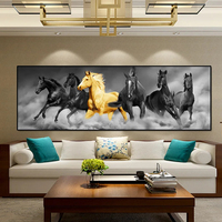 Peinture murale Cheval Noir avec accents dorés, Chevaux au galop, Murale panoramique en verre et cristal, Décoration pour Salon, Maison, Hôtel, Bureau