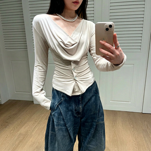 Leduo Women's Ice Silk Modal <b>Long</b> <b>Sleeve</b> <b>Top</b> Draped <b>Cowl</b> <b>Neck</b> Slim Button Down Casual Blouse - Product Image 1