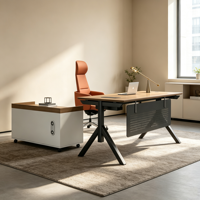 Bureau de direction moderne haut de gamme, bureau de PDG de luxe, bureau de patron avec pieds en fer, poste de travail informatique en noyer avec armoire de rangement et tiroirs