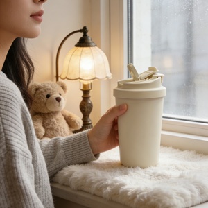 แก้วกาแฟพกพาแบบสองช่องใส่เครื่องดื่ม ผลิตจากสแตนเลส 316L ป้องกันการรั่วซึม ป้องกันกลิ่น  สามารถสกรีนโลโก้ได้ สีขาวนม ดีไซน์สวยงาม - Product Image 3