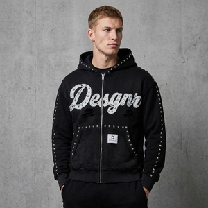 Custom Wash Rhinestone Zip Hoodie Cropped Streetwear Jacket Distressed Custom Men Vintage Graphic Pullover OEM Printed Hoodies - Product Image 1