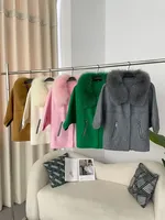 Poncho en tricot avec col en vraie fourrure de renard et de raton laveur, pour femme, manches courtes, vêtement d'extérieur chaud pour le bureau, automne-hiver