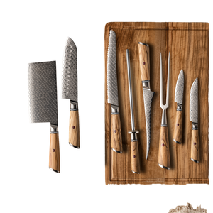 Ensemble de couteaux de cuisine haut de gamme 7 pièces en acier carbone, fabriqués à la main, durables, avec manche en bois martelé - Product Image 1