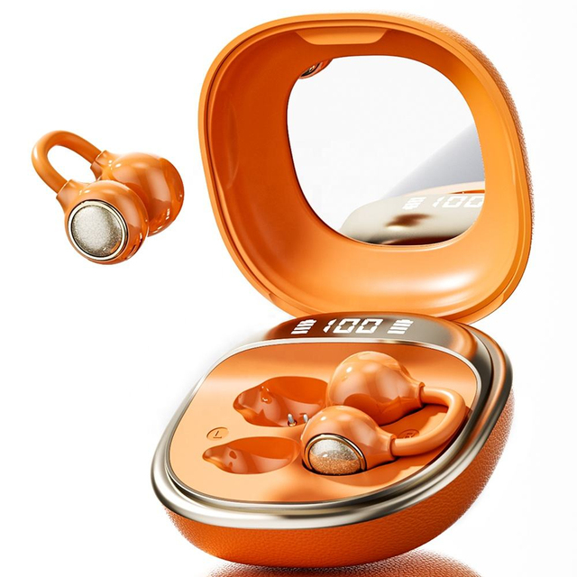2026 New M160 Luxury Leather Texture Open Ear Clip Wireless Earbuds With 2 in 1 LED Charging Case & Makeup Mirror