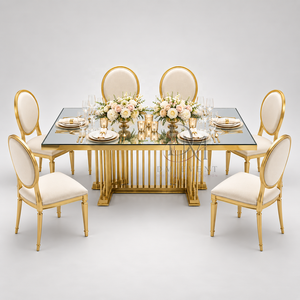 Mesa de Comedor de Acero Inoxidable Dorado Premium con Cristal Espejado y Base de Pedestal Lineal para Proyectos de Banquetes en Hoteles - Product Image 2