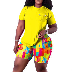 BH1468 <span class=keywords><strong>femmes</strong></span> été décontracté imprimé poche à rabat pantalon costume au-dessus du genou longueur un ensemble avec hauts courts tissu à tricoter - Product Image 5